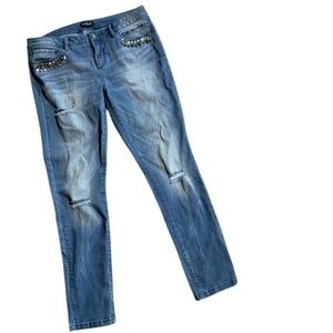 Bebe - size 31 - blue skinny distressed denim with jewel embellishments